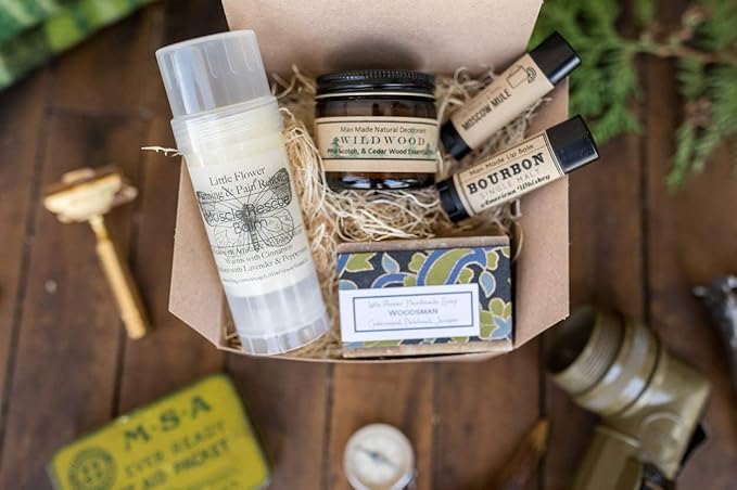 Woodsman Men’s Gift Box ? Self Care &amp Grooming Gift Set for Him ? Rustic Holiday Gift for Men Dads Boyfriends or Husbands ? Handmade Soap Deodorant Lip Balm &amp Muscle Balm