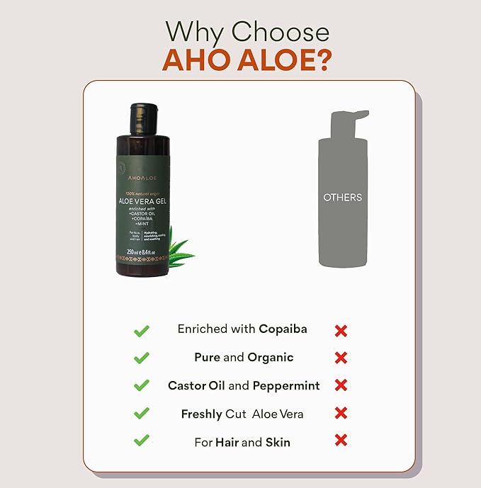 AHOALOE Brazilian Aloe Vera Gel - Multipurpose Moisturizing Natural Gel with Copaiba Castor Oil and Fresh Mint and Natural for Face Skin and Hair - After Sun Care Sunburn Relief 8.4oz