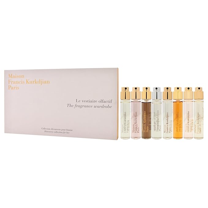 Maison Francis Kurkdjian The Fragrance Wardrobe For Her for Women - 8 Pc Gift Set 8 x 0.37oz EDP Spray Aqua Media Cologne forte A la rose 724 Petit Matin Gentle Fluidity Gold OUD Satin