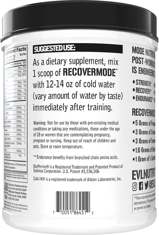 Evlution Nutrition Recover Mode- Complete Post Workout with BCAAs Immunity Support Vitamin C D &amp E Electrolytes Hydration Creatine Glutamine Beta-Alanine L-Carnitine 30 Serve Blue Raz