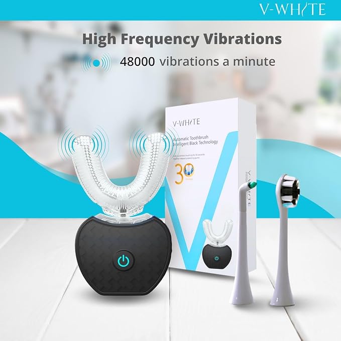 V-WHITE Ultrasonic U-Shaped Toothbrush for Teeth Whitening Electric Toothbrush For Adults - 360° Mouth Cleansing Hands Free Gums Protection - Wireless Charging &amp LED Light -Waterproof IPX7 Certi