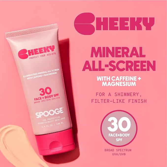 Cheeky Mineral All-Screen - SPF 30 Shimmer Body Sunscreen with Caffeine - Dermatologist Developed &amp Reef Safe Skincare with Glowy Finish for Beach &amp Festivals (3.4oz)