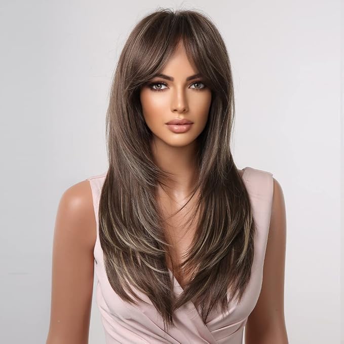 Heat Resistant Synthetic Wigs Long Layered Black Blonde Highlights with Bangs for Women Party Cosplay (Light Brown24)
