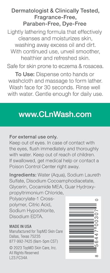 CLn® Facial Cleanser - Hydrating Facial Cleanser with Glycerin For Skin Prone to Dryness Eczema Redness Irritation &amp Acne Sensitivity Fragrance-Free &amp Paraben-Free 3.4 fl. oz.