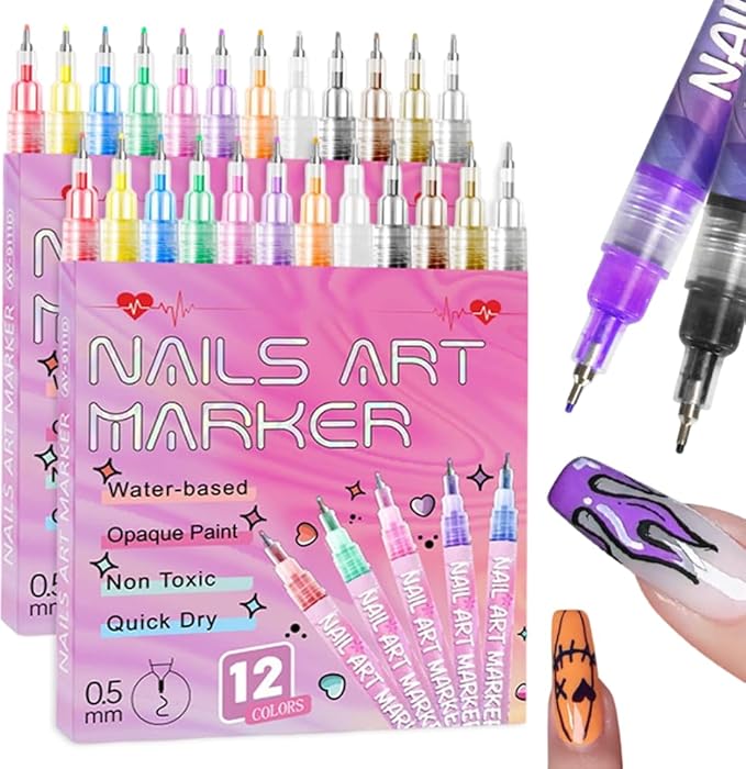 12 Colors Nail Art Pens Set for Painting Nails 0.5 MM Nail Art Markers Fine Tip Polish Pens for 3D Nail Art Nail Design Tools Gel Nails Doodle Pens for Drawing Point Liner (A- 2 Sets)