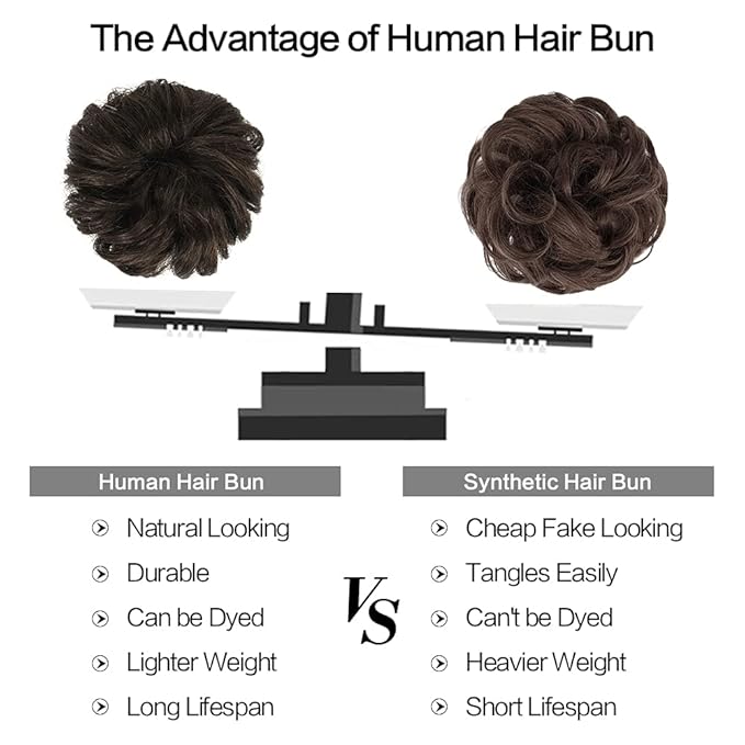 FESHFEN Human Messy Buns - 100% Human Hair Bun Real Scrunchies Hair Pieces Ponytail Extensions Wavy Tousled Updo Chignon Hairpieces for Women Dark Brown