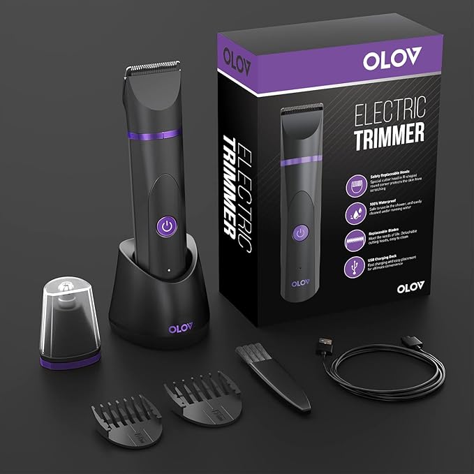 OLOV Electric Body Hair Trimmer - Groin Trimmer for Men - Bikini Trimmer Women - Wet/Dry Shaver Groomer Replaceable Ceramic Blade Heads USB Recharge Dock Waterproof Hygiene Razor Black Violet