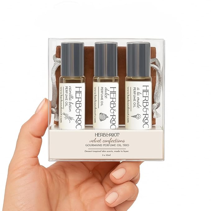 Herb &amp Root Unisex Mini Perfume Set: Aromatic Roll On Oils with Vanilla Jasmine and Citrus Notes - Travel Size for Men and Women Perfect as Hair Perfume or Mens Cologne (Gourmand)