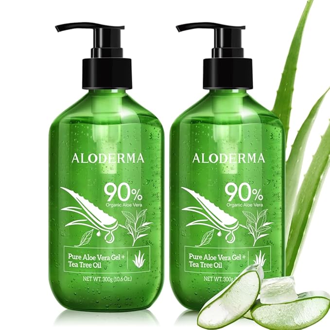 Aloderma Aloe Vera Gel + Tea Tree Oil Made with Refreshing Organic Aloe for After Sun Skin Care Multipurpose Use for Hair and Scalp and Face or as a Shaving Gel or Aftershave - 10.6Oz x 2btls