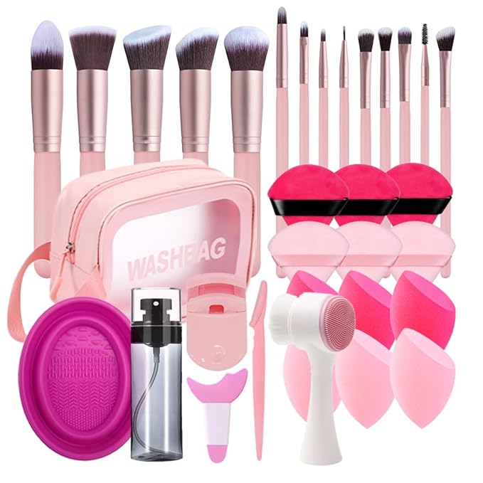 33PCS Makeup Foundation Brushes Tool Set with Sponges Eyelash Curlers Powder Puffs Silicone Washing Bowls Eye Aids Nano Spray Bottles Exfoliating Face Brushes Eyebrow Trimming Storage Bag