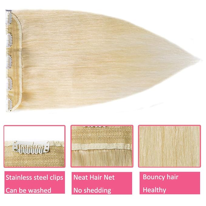 Hairro Clip in Hair Extensions 100% Human Hair #60 Plainum Blonde Thin Clip in Human Hairpieces 20 Inch Long Straight Standard Weft One Piece 5 Clips 50g for Women