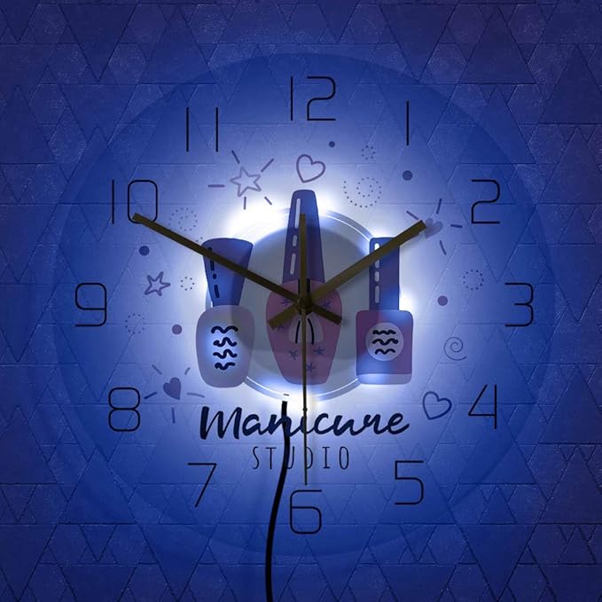 The Geeky Days Manicure Studio Nail Polish Custom Print LED Lighting Silent Wall Clock Personalized Nail Salon Hanging Watch with Color Changing Light Gift for Nail Technician