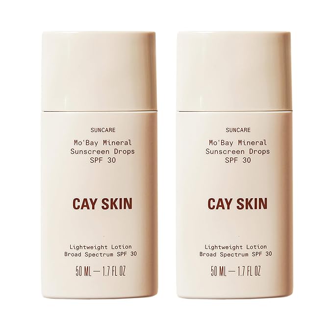 Cay Skin Mo'Bay Mineral Sunscreen Drops SPF 30 ? Broad Spectrum Face Sunscreen &amp Makeup Primer ? Lightweight Moisturizing Reef Safe Lotion with Natural Finish for All Skin Types ? 2-Pack 1.7 oz