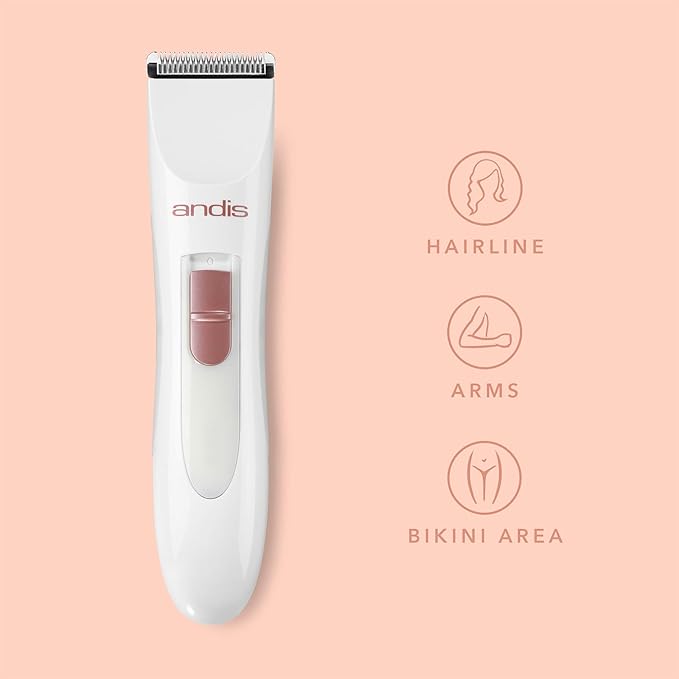 Andis 24630 Women's Personal Electric Trimmer - Detachable Stainless-Steel Blade - for Legs Underarms Hair Removal - Rechargeable Cordless Slim Design - 6-Piece Kit White