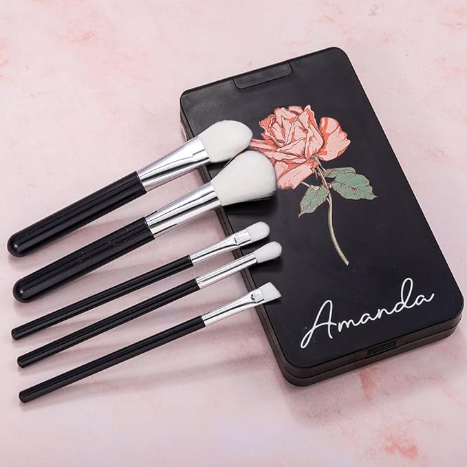 Custom Travel Makeup Brush Set Personalized Name Birth Flower Makeup Brush Case With Rotatable LED Light Mirror 5 Pcs Makeup Brushes Valentine Mother's Day Gifts For Women Black White Pink