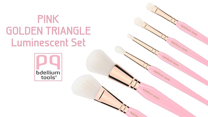 Bdellium Tools Pink Golden Triangle Luminescent Makeup Brush Set - Premium Tool with Soft Synthetic Bristles and Rose Gold Brass Ferrule for Multipurpose (Pink 6 pcs)