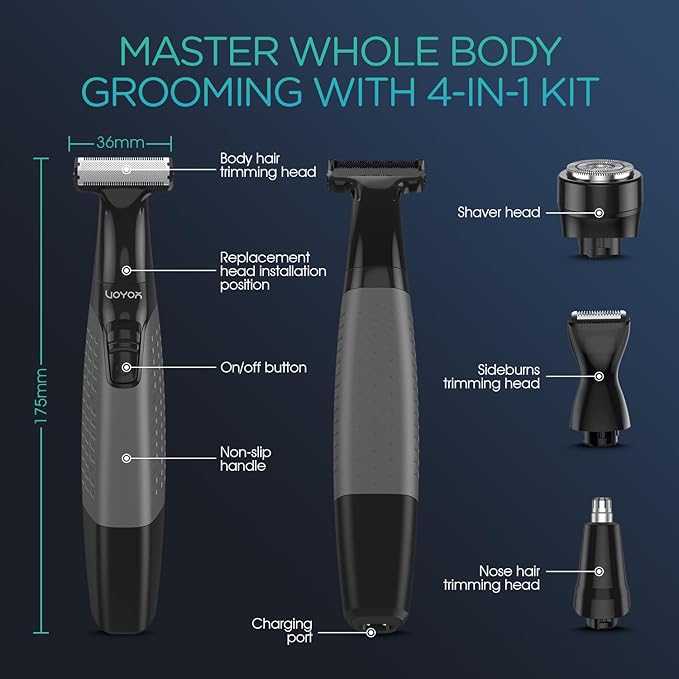 VOYOR Beard Trimmer for Men Electric Razor Nose Face Body Hair Trimmer with Adjustable Length Combs All in 1 Rechargeable Mens Grooming Kit Cordless Electric Shaver Wet/Dry TX510 (Grey)