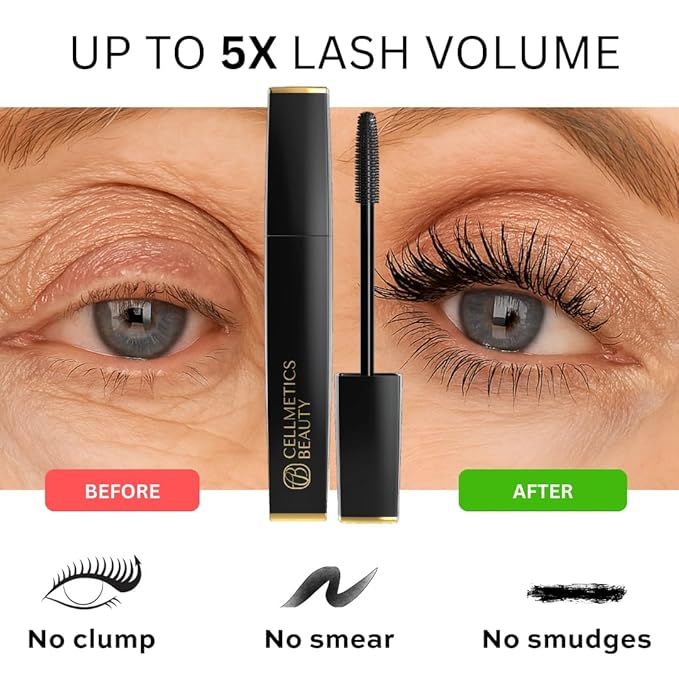 Cellmetics Mascara for Older Women 60 Plus Volumizing &amp Lengthening Tubing Mascara with Lash Growth Effect Hypoallergenic Smudge-Free and Gentle for Sensitive Eyes (Black)