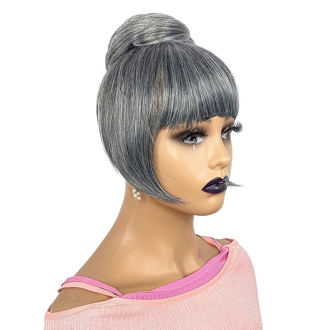 Grey Bun &amp Bangs Set 2PCS - Quick Clip in Ponytail Bun with Bang M Size Updo Twist Braided Chignon Scrunchie Hair Piece for Black Women