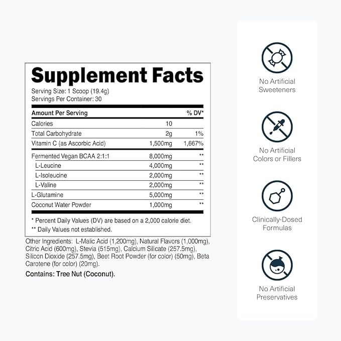 Transparent Labs BCAA Glutamine - 8000 Mg of BCAA Powder with L Glutamine for Post Workout Recovery Muscle Growth &amp Increased Endurance - 30 Servings Tropical Punch