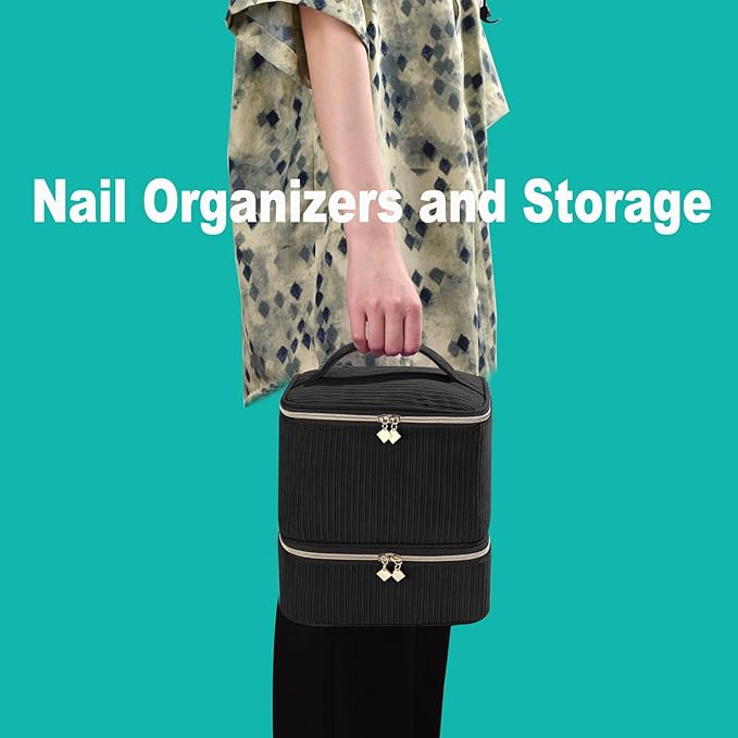 Corduroy Nail Polish Organizer and Nail Lamp Case Nail Kit Organizer Holds 30 Bottles (15ml - 0.5 fl.oz) and a Nail Lamp Nail Polish Carrying Case with Manicure Tools Storage Sections (Black)
