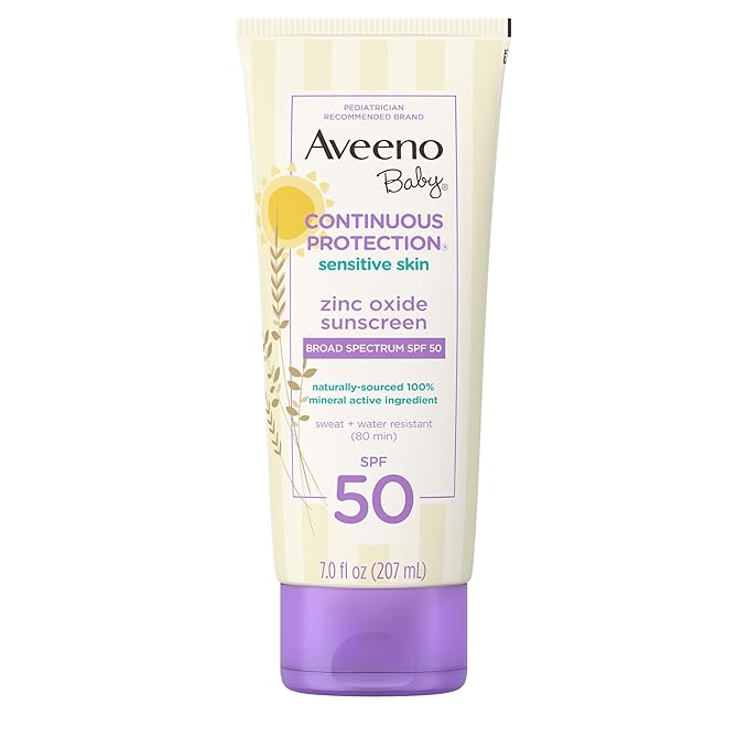 Aveeno Baby Continuous Protection Zinc Oxide Mineral Sunscreen Lotion for Sensitive Skin Broad Spectrum SPF 50 Tear-Free Sweat- &amp Water-Resistant Paraben-Free Non-Greasy 7 fl. oz