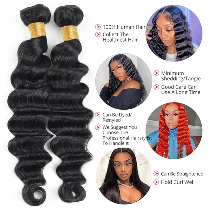 Loose Deep Wave Human Hair Bundles 100% Unprocessed Brazilian Virgin Remy Hair Extension (18 20 22 24 Inch) Natural Black Color for Women Soft and Full No Tangle and Shedding