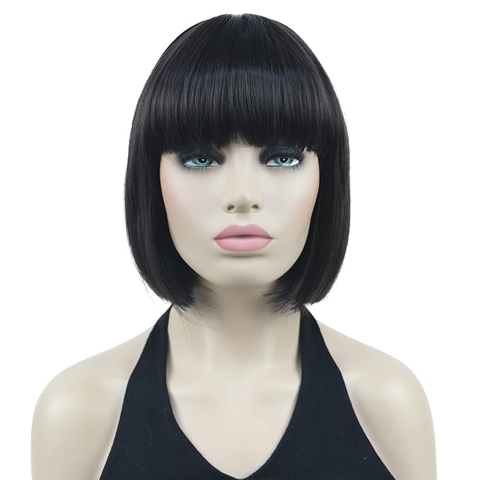 Lydell 8 Straight Short Bob Hair Flat Bangs Cute Central Dot Skin Top Heat Resistant Synthetic Wigs (4 Dark Brown)