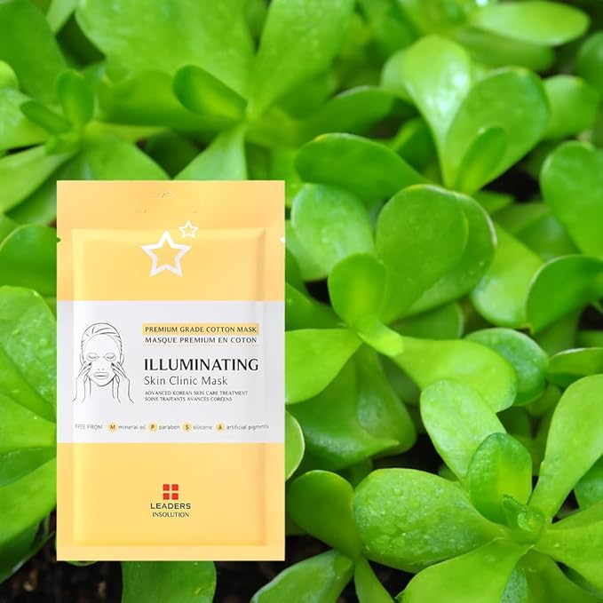 Leaders Insolution Illuminating Skin Clinic Mask | Omega-3 &amp Purslane Extract for Radiant Glow | Niacinamide Brightening Treatment | Even Skin Tone | 100% Natural Cotton (10 Sheets)