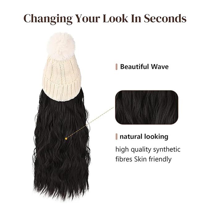 Women Winter Beanie Hat with Wig Big Wavy Curly Hair Extensions Knit ski Snow Cap Attached Party Daily Weddings Wig