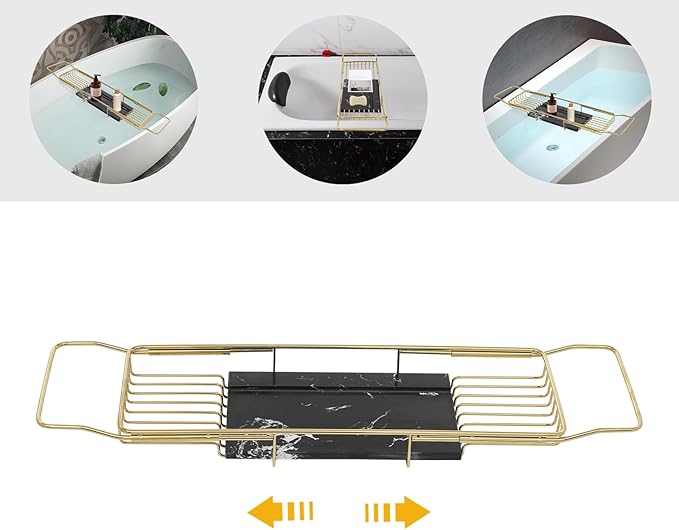 Expandable Bathtub Tray Caddy for Bath Relaxing Bath Table Tub Tray Adjusts from 26.77-35.43 in Ideal for Housewarming Multifunctional Bathtub Bathroom Organizer (Gold + Black)