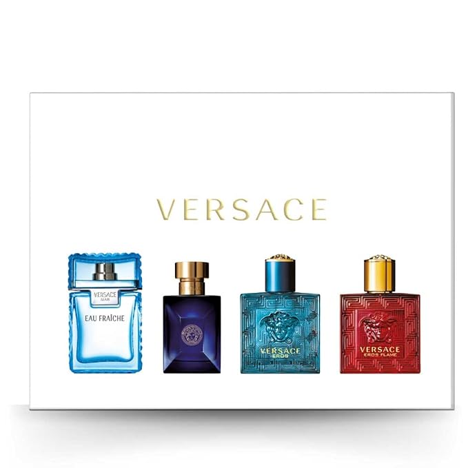 Versace Miniatures Set Men 4x5ml - Versace Eros Eros Flame Dylan Blue Eau Fraiche - Mini Perfume Gift Set for Him