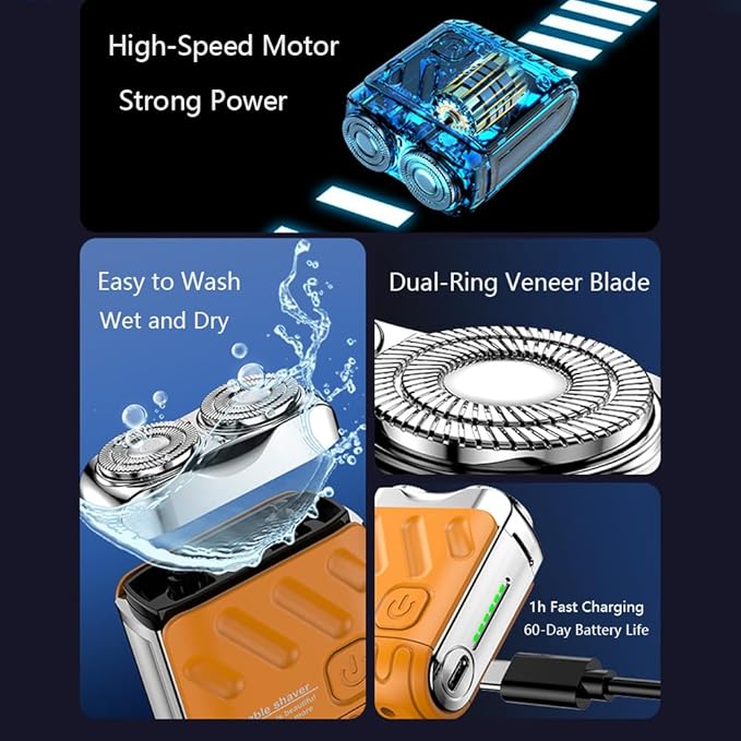 Portable Rotary Dual Ring Electric Shaver Magnetic Rechargeable Electric Razor USB Rechargeable Portable Mini Small Steel Cannon Rotary Dual Ring Shaver (Orange)