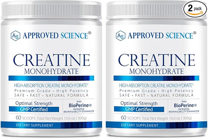 Approved Science Creatine Monohydrate Powder with BioPerine - Workout Support - 120 Servings - 5g Per Serving - Unflavored - Pack of 2 - Non-GMO Vegan