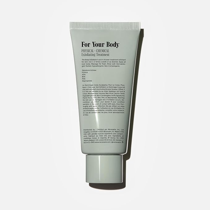 N?cessaire The Body Exfoliator. Eucalyptus. AHA/BHA/PHA. Resurface Skin. Smooth KP and Rough Patches. Hypoallergenic. Dermatologist-Tested. 180 ml / 6.1 fl oz