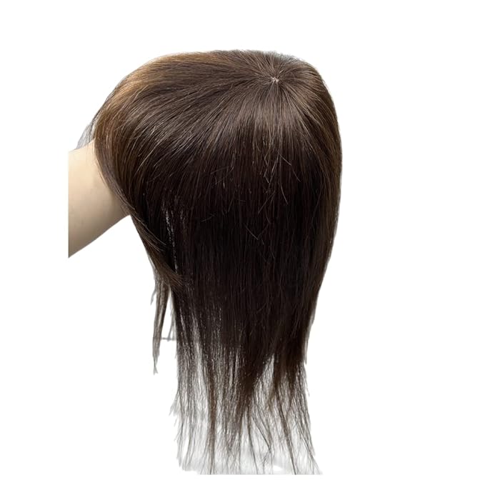 Anemone Thick Full Human Hair Topper For Women 14x14 cm Clip In Hairpieces With Air Bangs Straight Wiglets Toupee Cover Grey Thinning Hair (Dark Brown 14 inch)