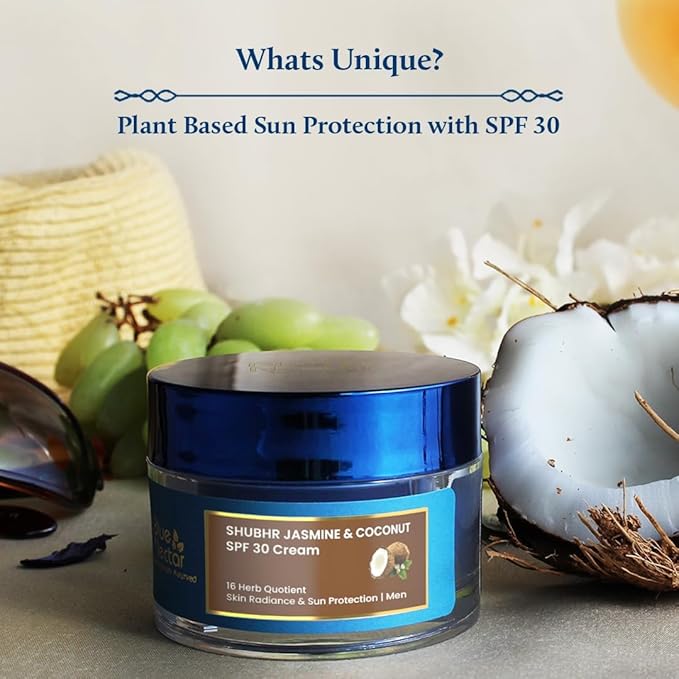 Blue Nectar Coconut Face Cream with SPF 30 Sunscreen for Men | Plant Based Oil Free Moisturizer for Face with Vitamin E |Sunscreen for Oily Dry &amp Sensitive Skin (16 Herbs 1.76 FlOz)