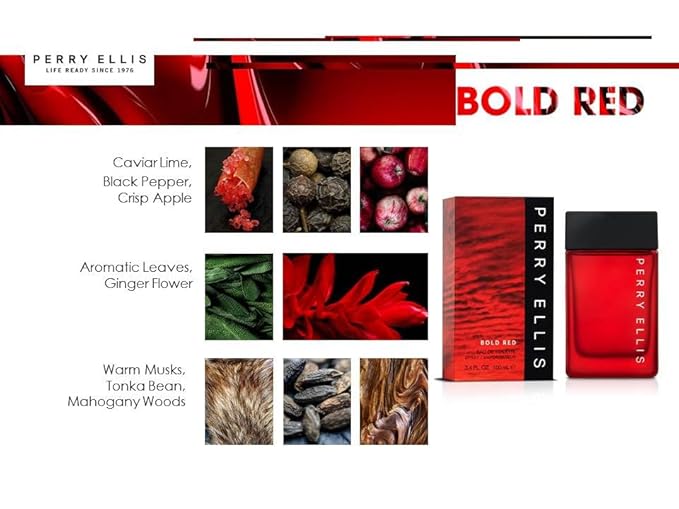 Perry Ellis Bold Red Gift Set: 3.4 fl oz eau de toilette3 oz aftershave3 oz shower gel.25 fl oz travel mini - lime parsley mandarin nutmeg cinnamon lavender sandalwood patchouli cedarwood
