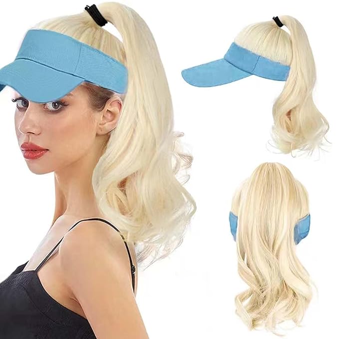 Visor Hat Wig for Women Baseball Cap Wig With Curly Synthetic Hair Extensions Ponytail Cap Wig Sun Hat With Hair Wig