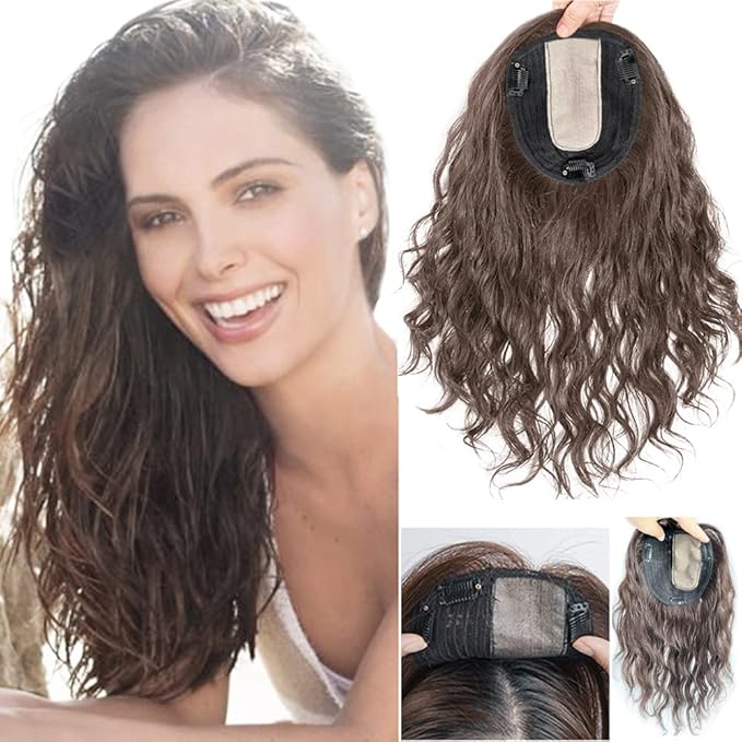 10 Women Natural Wavy Human Hair Toppers Middle Part Silktop 13x14cm Seamless Hairpiece Toupee Simulated Short Curly Clip in Top Hair Pieces Topper Hairpiece for Thinning Hair Brown