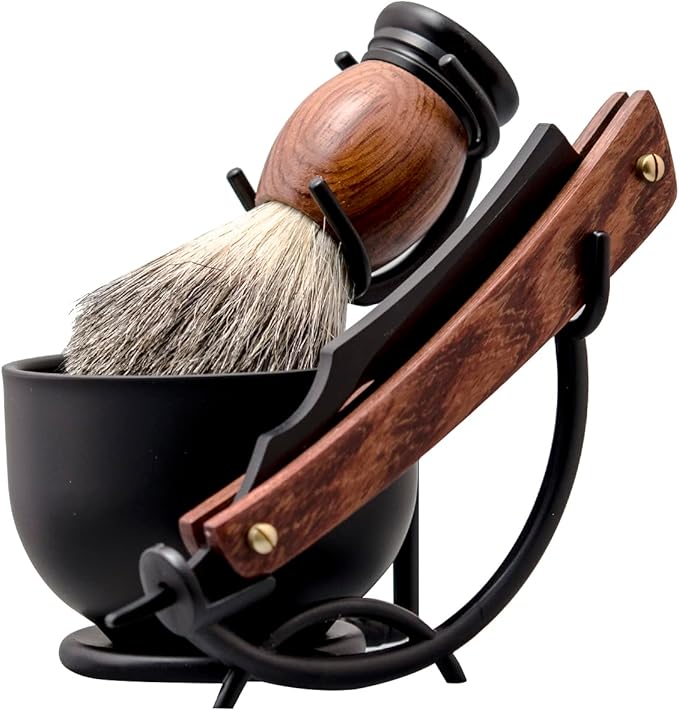Grandslam Shaving Straight Razor Kit Steel Cutthroat Straight Razor With Leather Strop Shaving Brush Stainless Steel Shaving Bowl and Stand Shaving Soap Gift for Men