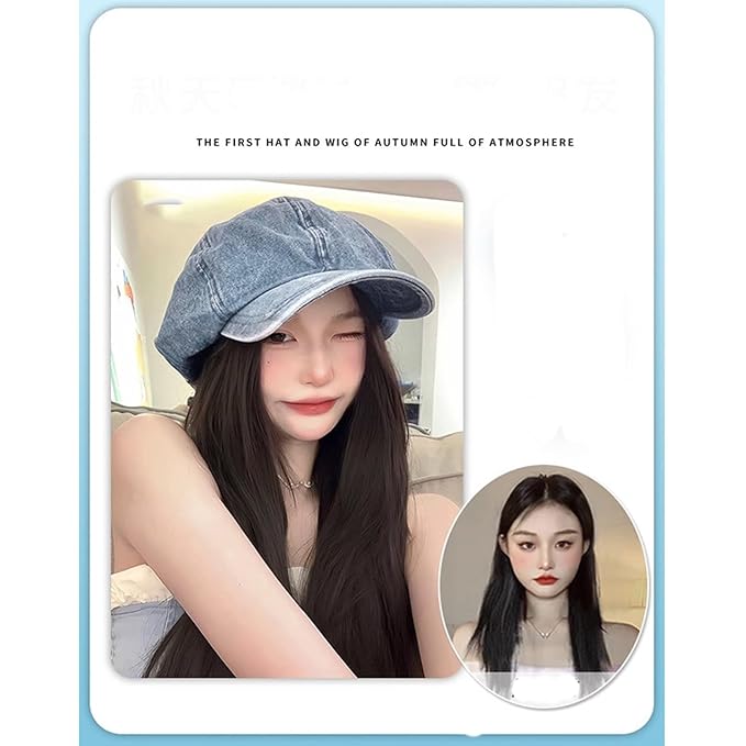 Women's Wig hat Wig Denim Beret Wig Straight Hair Baseball Cap Wig for Girl Christmas Halloween Daily Party Use Cool Brown 1