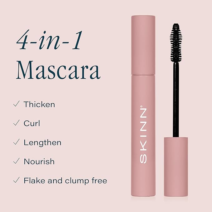 SKINN Lash-Redemption 4-in-1 Mascara - Eyelash Mascara with Soft Bristle &amp Hourglass Applicator Thickens Curls Lengthens &amp Nourishes Lashes - Alcohol-Free Formula Clump &amp Flake Resistan