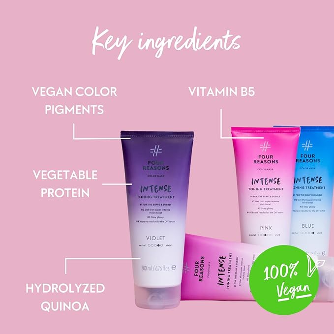 Four Reasons Color Mask INTENSE - Pink ? (27 Colors) Intensive Toning Treatment - Color Depositing Conditioner ? Semi Permanent Hair Dye for Lightened and Colored Hair? 100% Vegan 6.76 fl oz