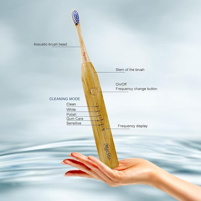 Electric Bamboo Toothbrush Sonic Toothbrush - 4 Replaceable Bamboo Brush Heads Eco-Friendly IPX7 Waterproof Electric Toothbrush One-Button Switch Five-Mode Brushing