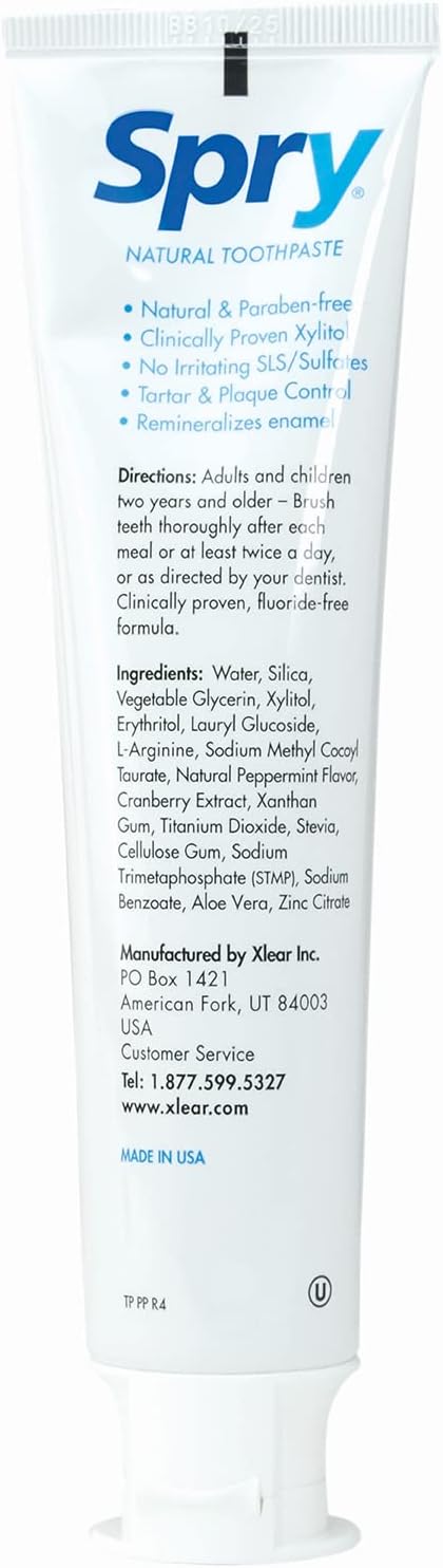 Spry Natural Xylitol Toothpaste 5oz for Adults and Kids - Fluoride Free Gentle for Sensitive Teeth Whitening and Remineralizing Breath Freshening Mouth Moisturizing Peppermint (Pack of 6)
