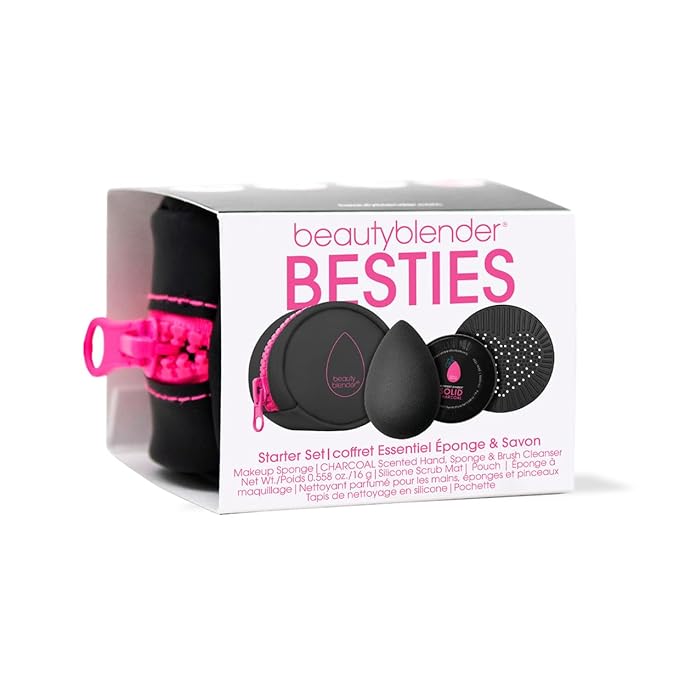 Beautyblender® | Besties Charcoal Blend &amp Cleanse 4-Piece Starter Set Pro Black Makeup Sponge + Solid Charcoal Cleanser .558 oz + Silicone Scrub Mat + Travel Case Made in USA Vegan Cruelty Fre