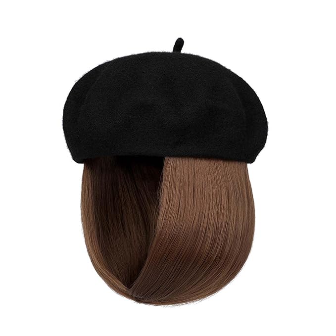 Hat Wig Beret Hat with Hair Extensions Classic French Wool Hat Straight Short Bob Hairpiece Women Bob Wig Hats