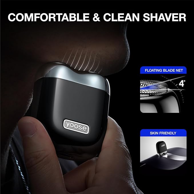 yoose Alloy Mini Shaver Portable Electric Razor for Men IPX7 Waterproof Dry Shave USB-C Rechargeable Easy to Clean Magnetic Detachable Head Cordless Electric Shaver 60 Mins Runtime Black