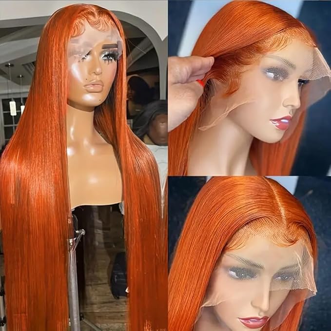 Lace Front Wigs Human Hair Pre Plucked HD Transparent Lace Frontal Wig Bralizian Virgin Human Hair Tiny Knots Natural Hairline with Baby Hair (Ginger Orange 24 Inch)